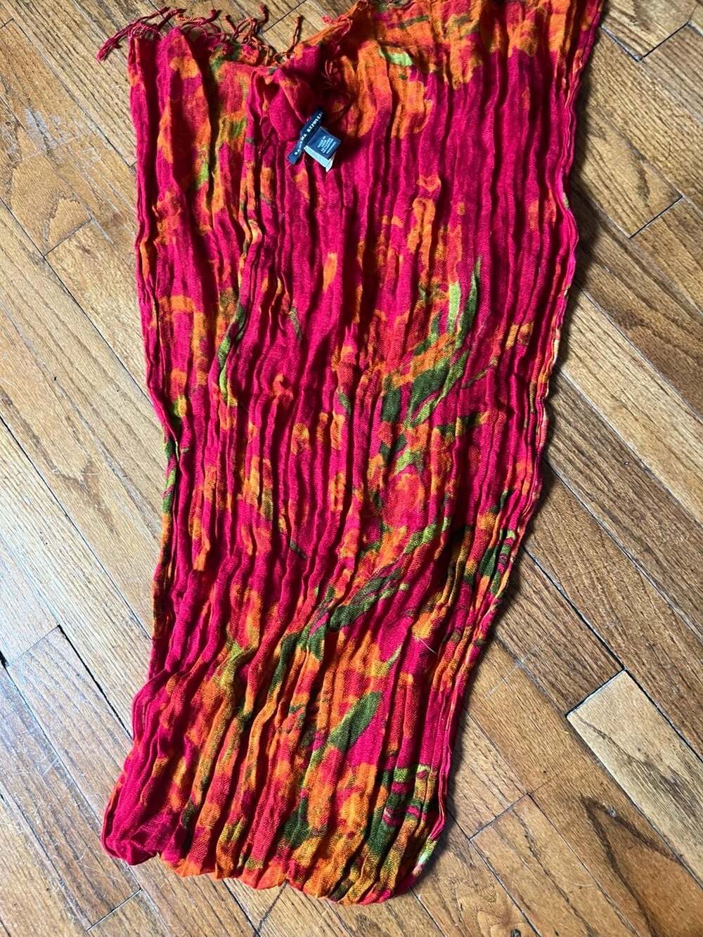 Red & Orange Floral Crinkle Scarf, Linen Rayon Lightweight Boho Wrap